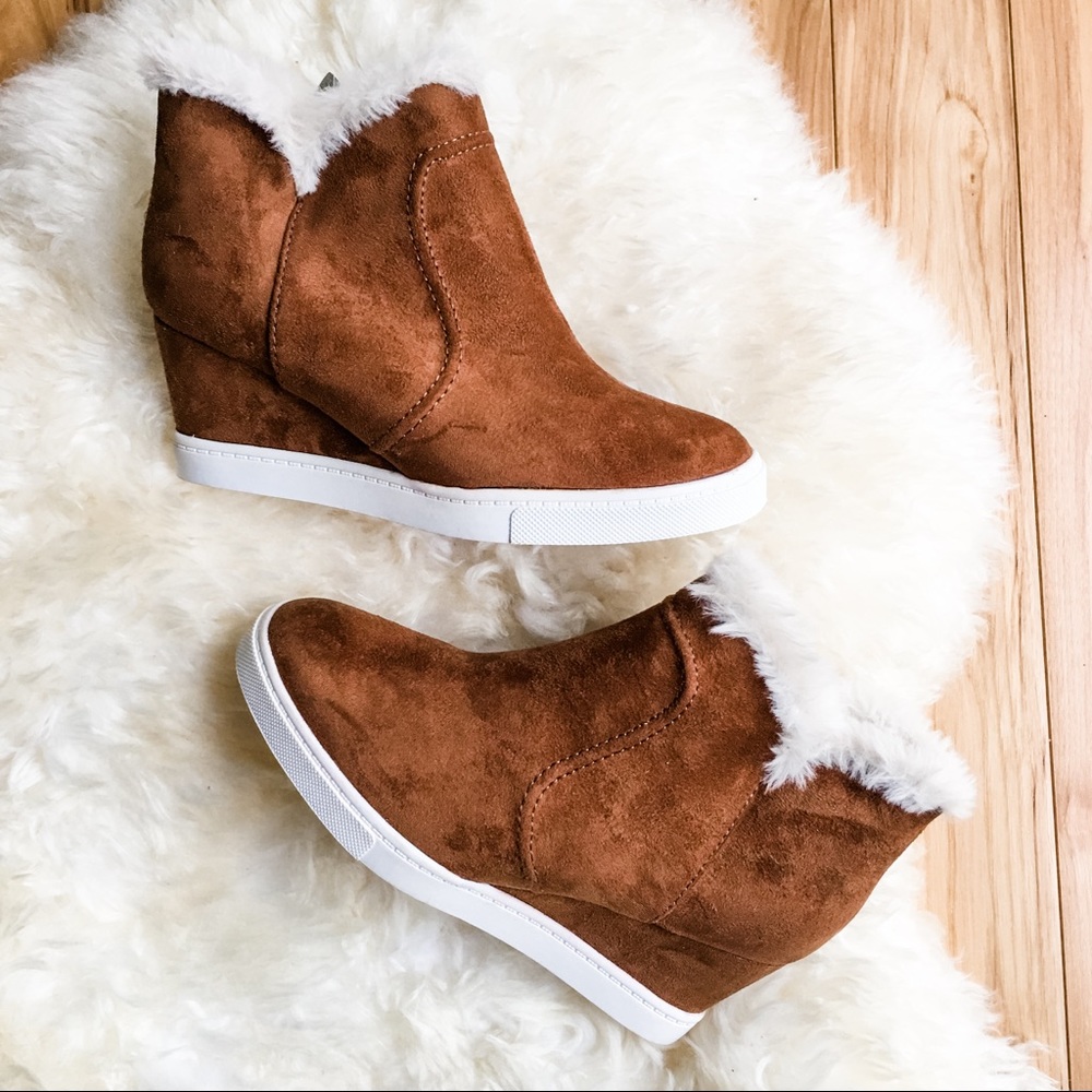 White Fuzzy Brown Suede Wedge Ankle Boots